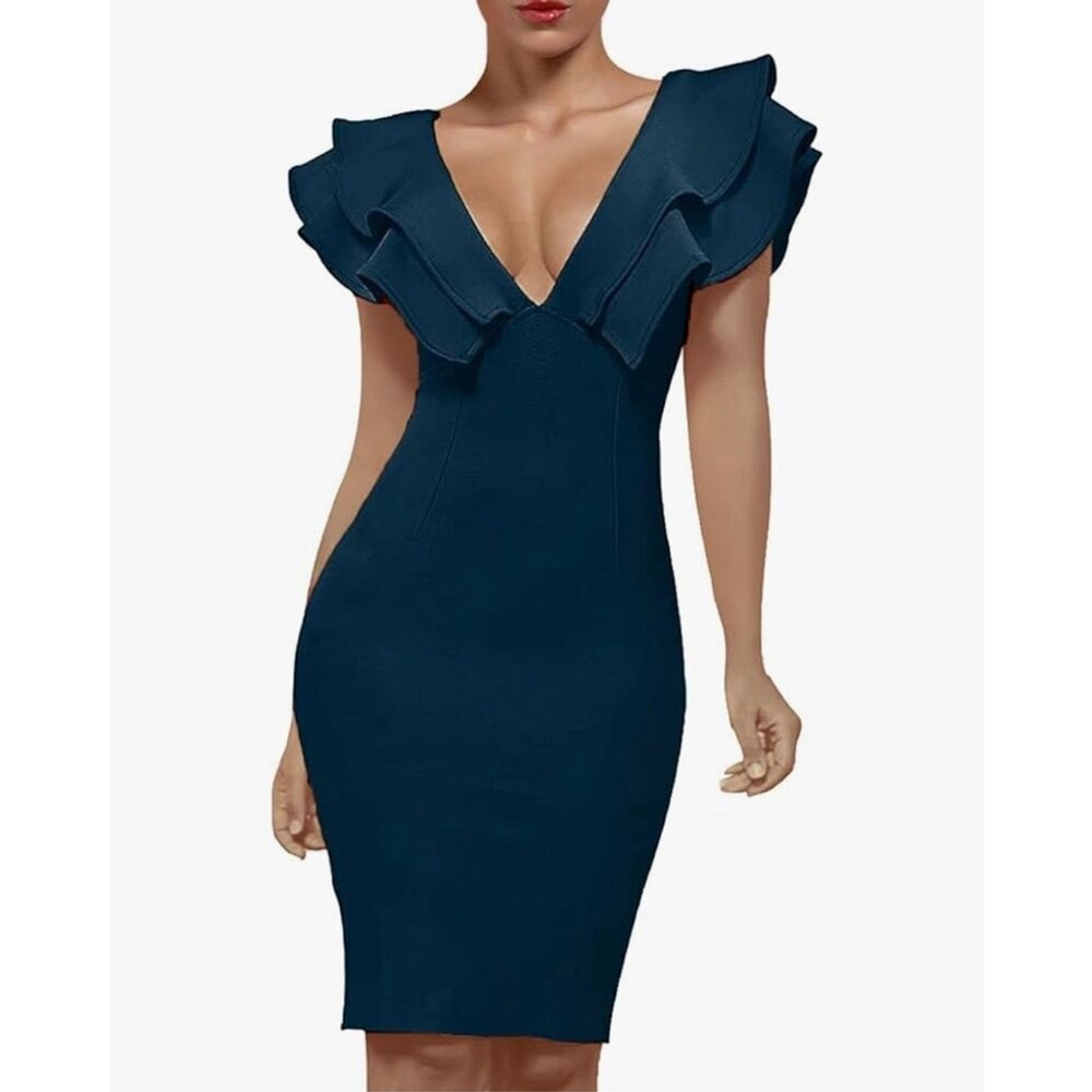 NEW Ruffle Plunge V Neck Bodycon Back Split Bandage Club Dress XS